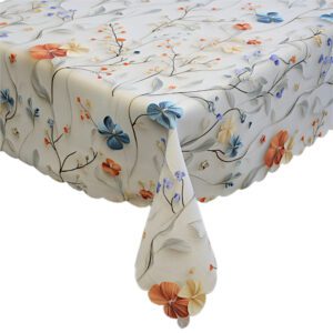 Obrus plamoodporny kwiaty beżowe i niebieskie – elegancki, delikatny wzór